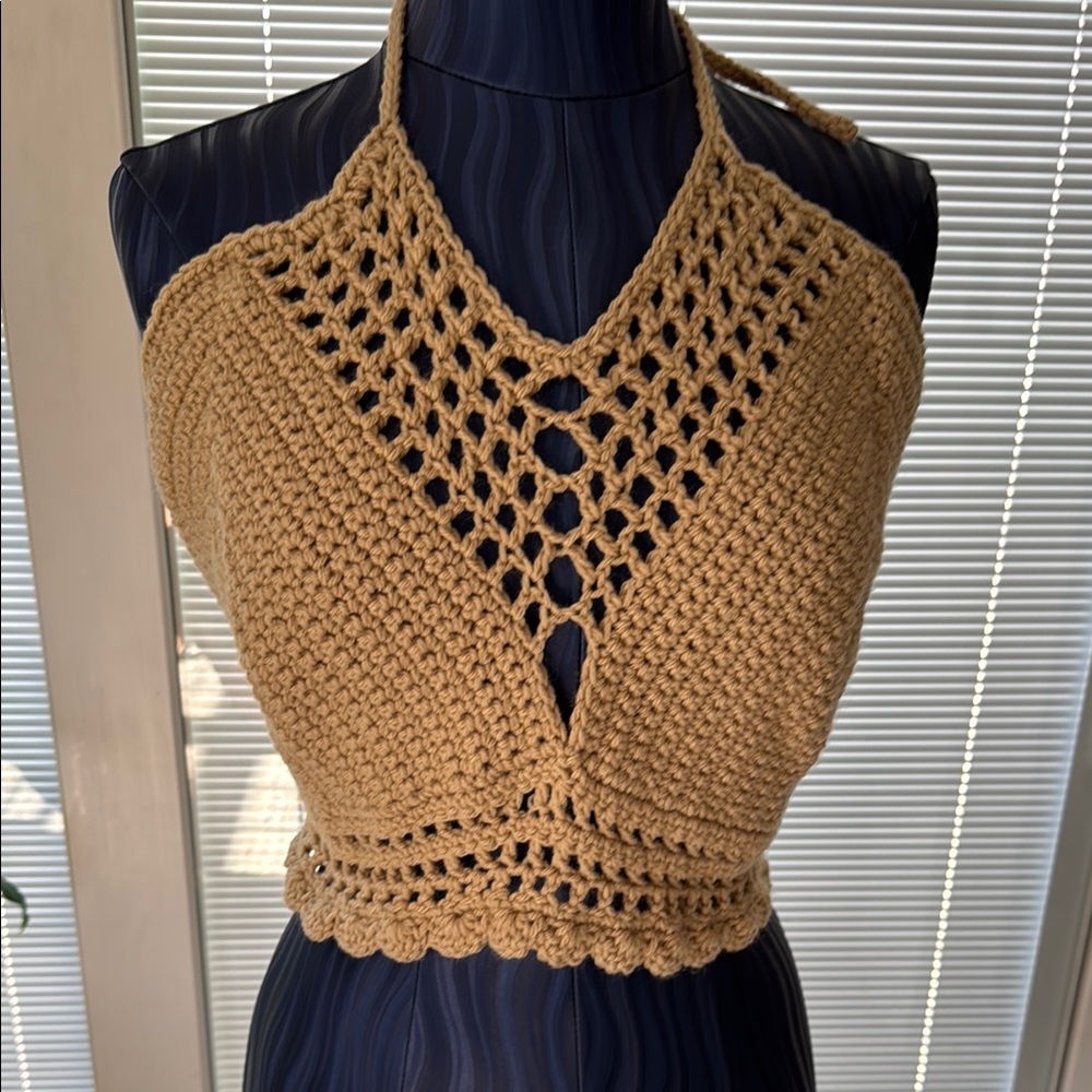 Brand New Tan Cropped Halter Top with Cut Out Design
